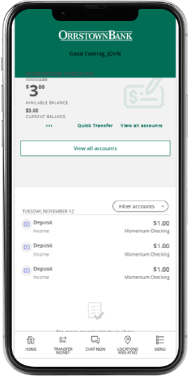 Orrstown Bank mobile banking app transactions screen on space grey iPhone X